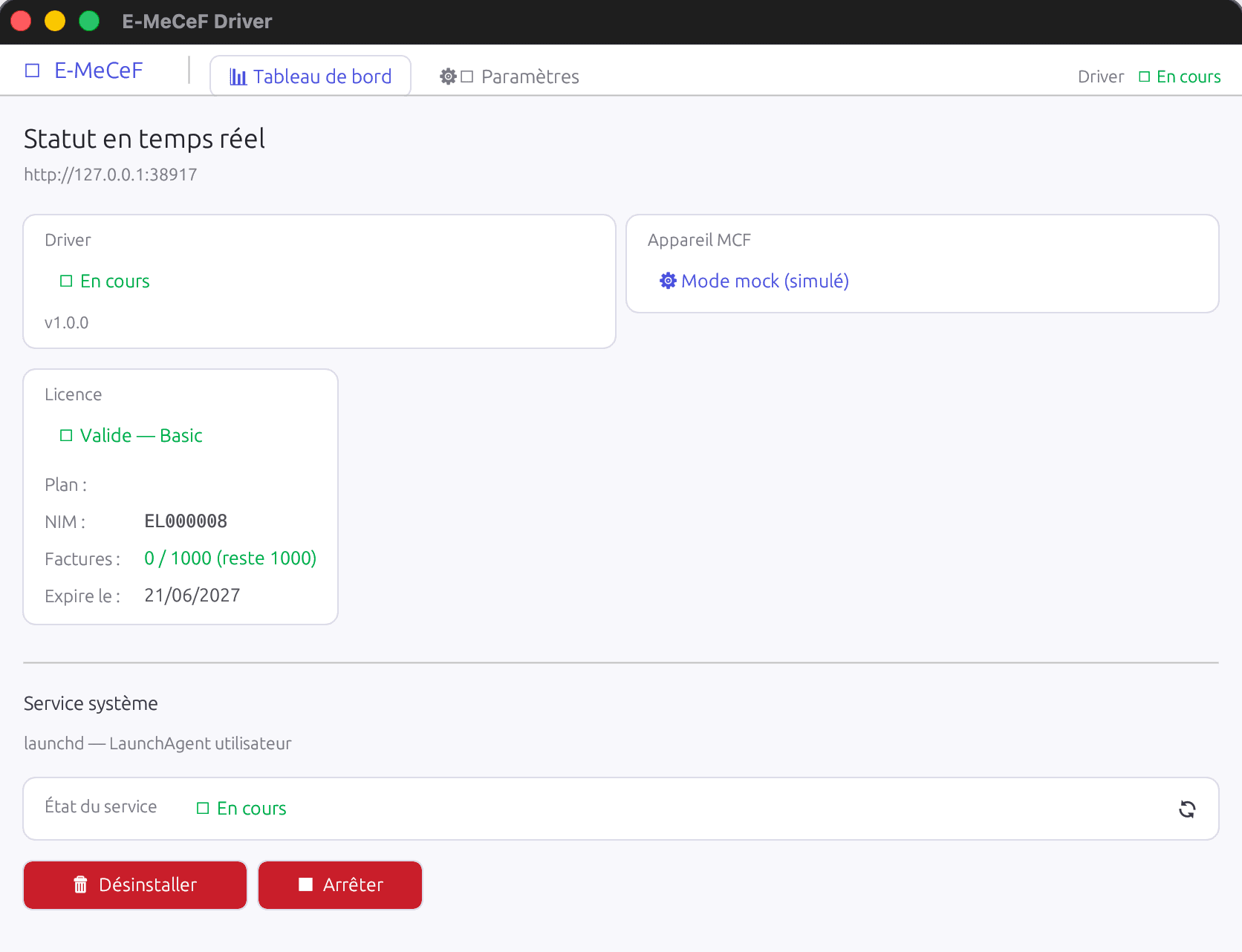 GUI — tableau de bord avec monitoring, service et activation