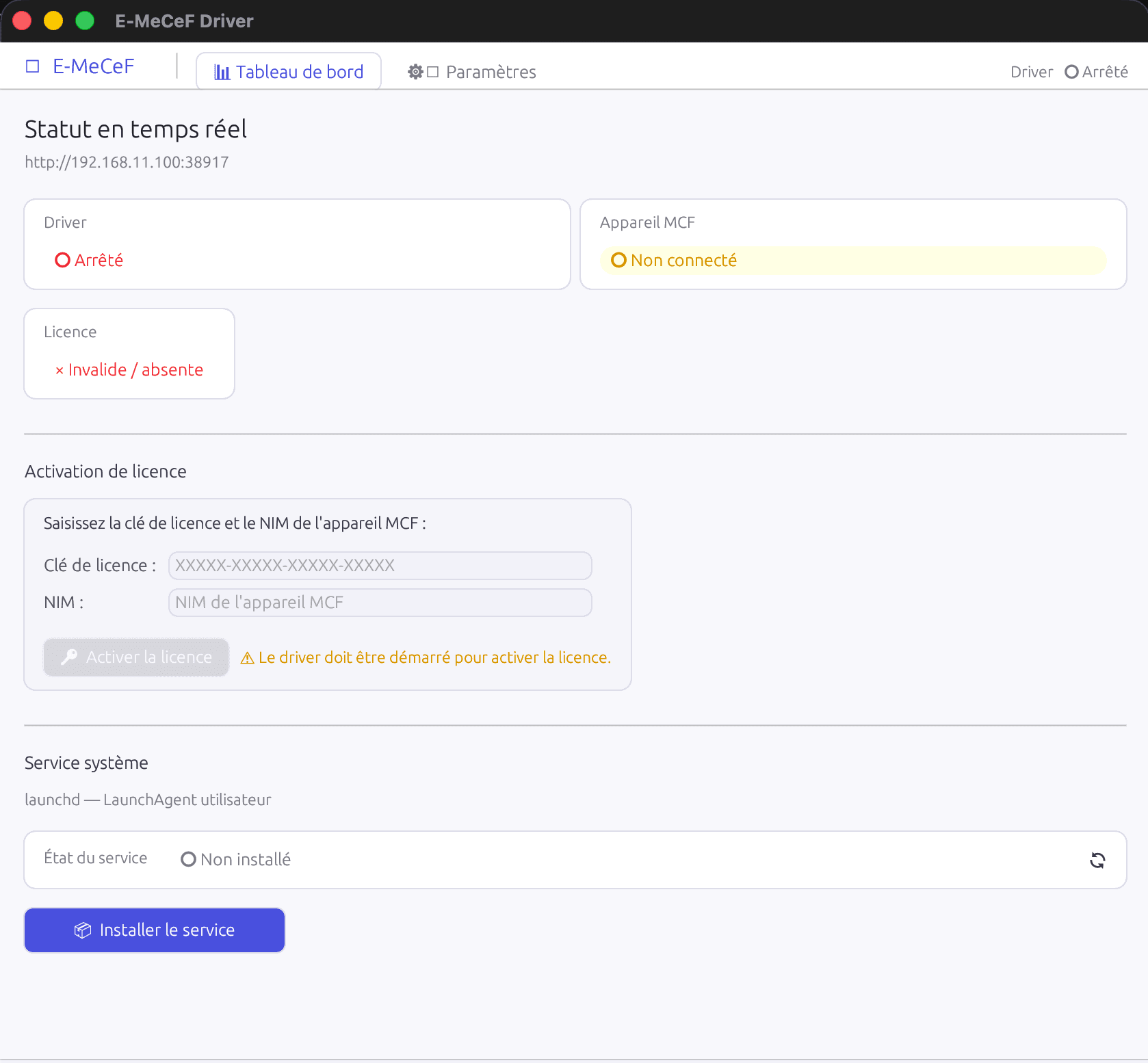Interface GUI — activation de la licence dans le tableau de bord